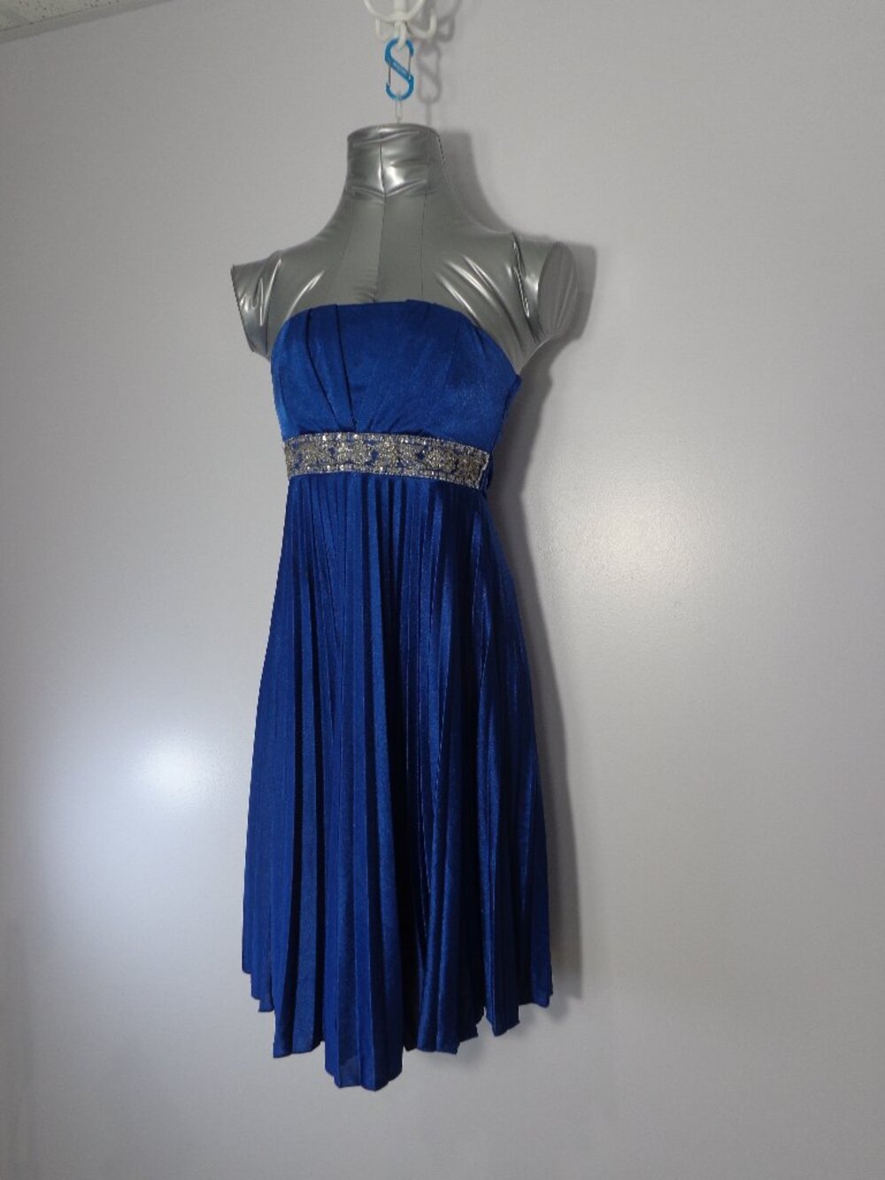 Speechless Strapless Blue Mini Dress Pleated Embellished Beaded Waist Women Sz S